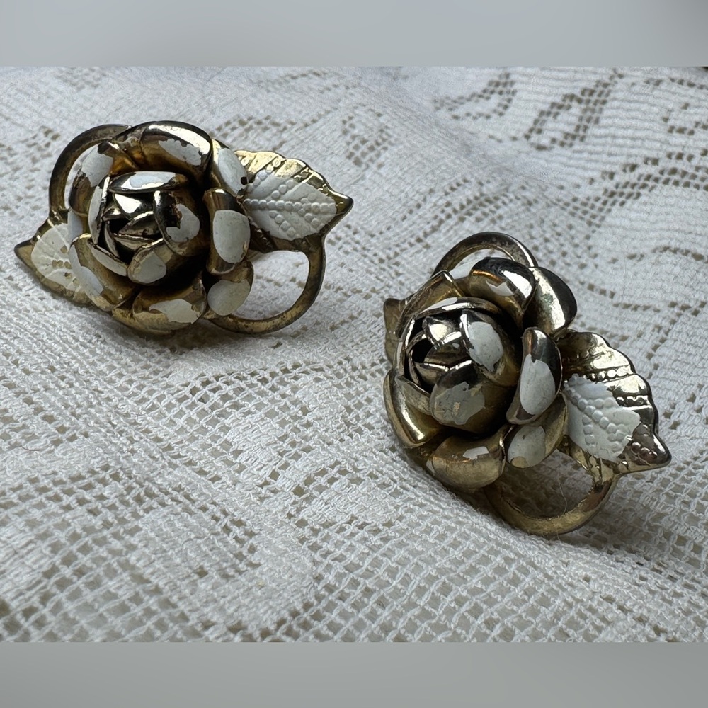 Estate Gold and White Rose Brooches